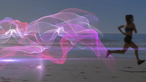Animation-of-colorful-shapes-over-caucasian-woman-running-on-beach