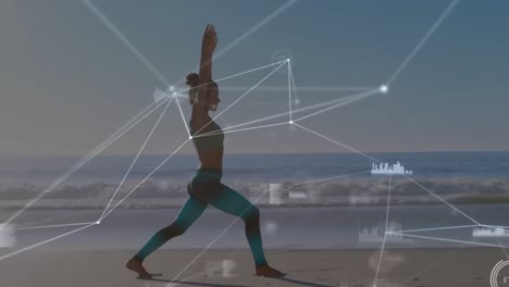 Animation-of-data-processing-and-networks-of-connections-over-caucasian-woman-praciticing-yoga