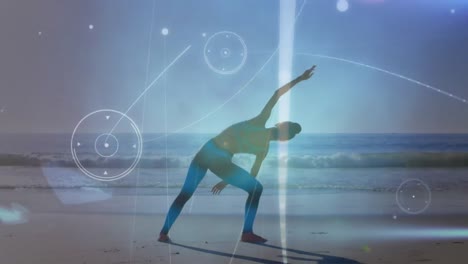 Animation-of-networks-of-connections-over-caucasian-woman-praciticing-yoga-on-beach