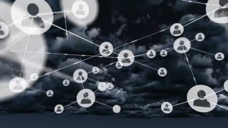 Animation-of-networks-of-connections-with-icons-over-sky