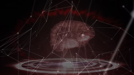Network-of-connections-spinning-over-human-brain-model-against-red-background