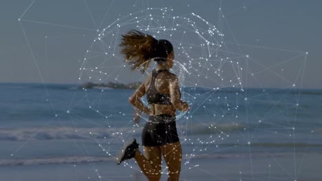Animation-of-networks-of-connections-with-globe-over-caucasian-woman-running-on-beach