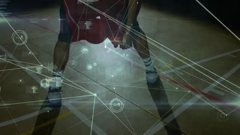 Animation-of-data-processing-and-networks-of-connections-over-mixed-race-male-basketball-player