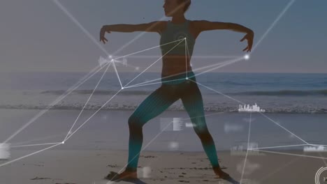 Animation-of-network-of-connections-and-data-processing-over-woman-practicing-yoga-on-beach