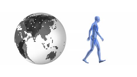 Animation-Des-Menschlichen-Gehens-Und-Des-Globus-Auf-Weißem-Hintergrund
