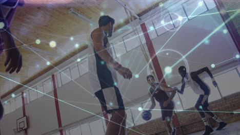 Animation-of-networks-of-connections-over-group-of-diverse-basketball-players-at-gym