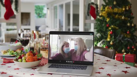 Happy-caucasian-women-in-face-masks-on-laptop-lying-on-christmas-table