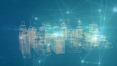 Animation-Des-Verbindungsnetzes-über-Der-Stadt-Auf-Blauem-Hintergrund