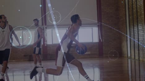 Animation-of-networks-of-connections-over-group-of-diverse-basketball-players-at-gym