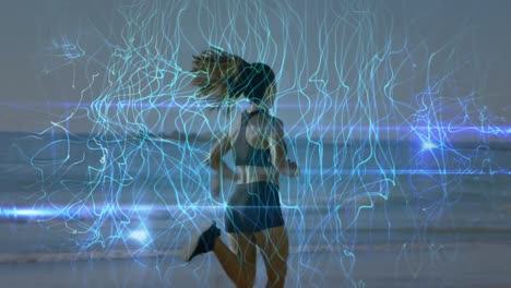 Animation-of-blue-lines-over-caucasian-woman-running-on-beach