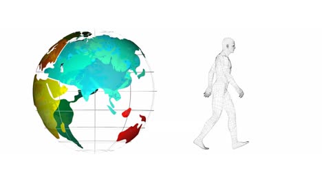 Animation-Des-Menschlichen-Gehens-Und-Des-Globus-Auf-Weißem-Hintergrund