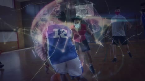 Animation-Des-Netzwerks-Von-Verbindungen-über-Eine-Vielfältige-Gruppe-Männlicher-Basketballspieler
