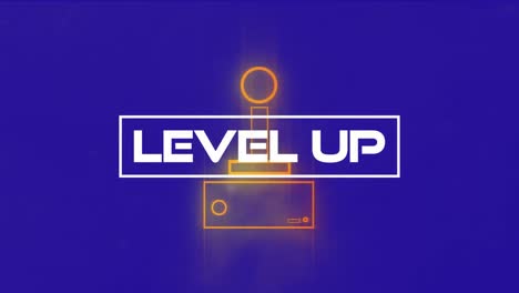 Animation-of-level-up-text-over-neon-joystick-on-blue-background