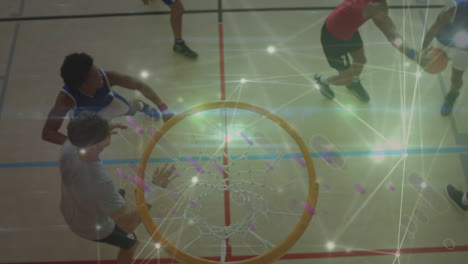 Animation-of-network-of-connections-over-diverse-group-of-male-basketball-players