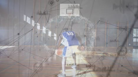 Animation-Des-Netzwerks-Von-Verbindungen-über-Einen-Afroamerikanischen-Männlichen-Basketballspieler