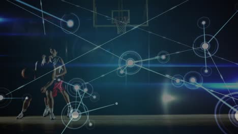 Animación-De-Redes-De-Conexiones-Sobre-Diversos-Jugadores-De-Baloncesto-En-El-Gimnasio.