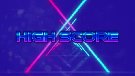 Animation-of-high-score-text-over-neon-shapes-on-blue-background