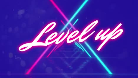 Animation-of-level-up-text-over-neon-shapes-on-blue-background