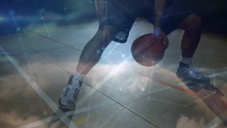 Animation-Von-Verbindungsnetzwerken-über-Männliche-Basketballspieler-Gemischter-Abstammung-Im-Fitnessstudio