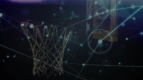 Animation-Von-Verbindungsnetzwerken-über-Basketball,-Der-In-Den-Korb-Fällt