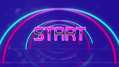 Animation-of-start-text-over-neon-shapes-on-blue-background