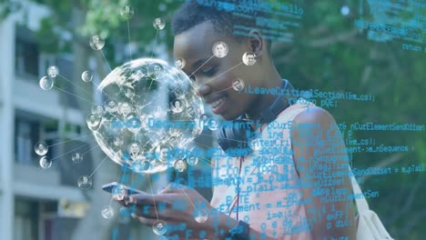Animation-of-data-processing-and-globe-over-african-american-woman-using-smartphone