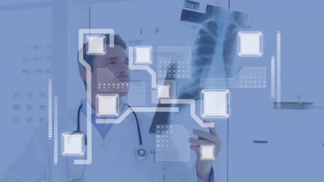 Animation-of-network-of-connections-over-caucasian-male-doctor-holding-xray