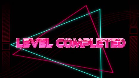 Animation-of-level-completed-text-over-neon-shapes-on-black-background