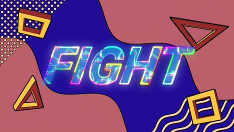 Animation-of-fight-text-over-colourful-shapes-on-blue-background