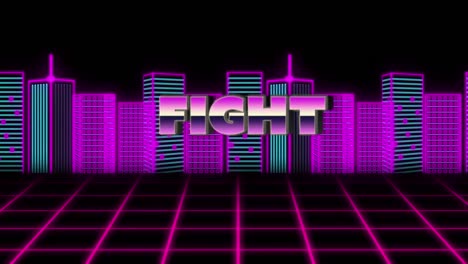 Animation-of-fight-text-over-cityscape-on-black-background