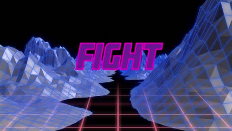 Animation-of-fight-text-over-digital-mountains-on-black-background