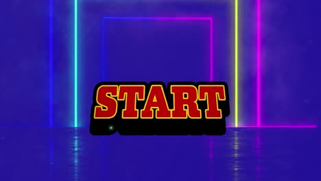 Animation-of-start-text-over-neon-shapes-on-blue-background