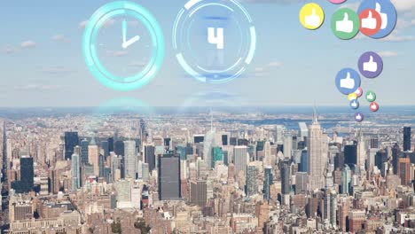 Animation-of-moving-clock,-scope-scanning-and-social-media-icons-over-cityscape