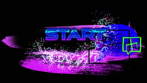 Animation-of-start-text-over-shapes-on-black-background