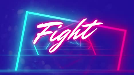 Animation-of-fight-text-over-neon-shapes-on-blue-background
