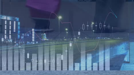 Animation-Der-Finanzdatenverarbeitung-über-Verschiedene-Menschen,-Die-Auf-Der-Straße-Und-Im-Stadtbild-Laufen