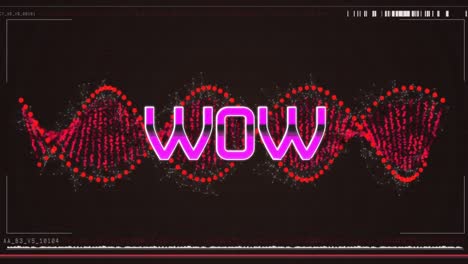 Animation-Von-Wow-Text-über-Rotem,-Sich-Drehendem-DNA-Strang