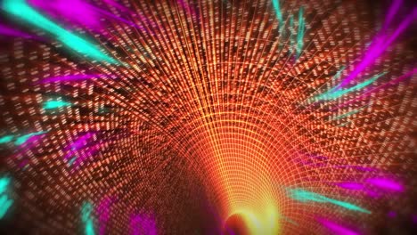 Animation-of-tunnel-made-of-colorful-lights-in-orange,-purple-and-green