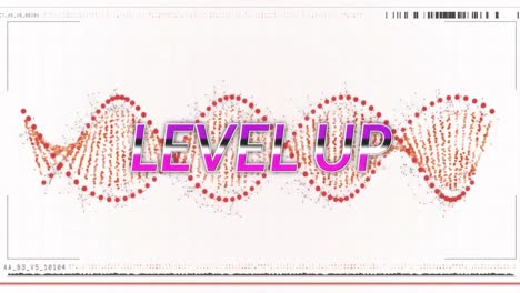 Animation-of-level-up-text-over-red-spinning-dna-strand