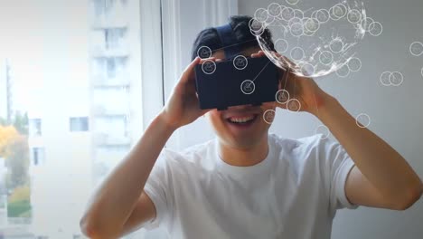 Animation-Des-Globus-Mit-Netzwerk-Von-Verbindungen-über-Dem-Menschen-Mithilfe-Eines-VR-Headsets
