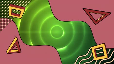 Animation-Von-Dreiecken-Und-Wellen-über-Grün-Leuchtenden-Kreisen