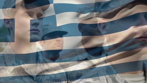 Animation-Der-Flagge-Griechenlands-über-Verschiedenen-Männlichen-Soldaten