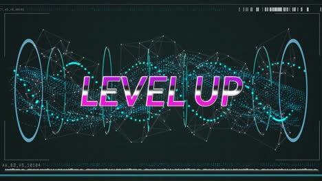 Animation-Von-Level-Up-Text-über-Einem-Sich-Drehenden-Grünen-Netzwerk-Von-Verbindungen