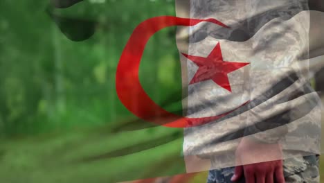 Animation-Der-Flagge-Algeriens-über-Einem-Kaukasischen-Männlichen-Soldaten