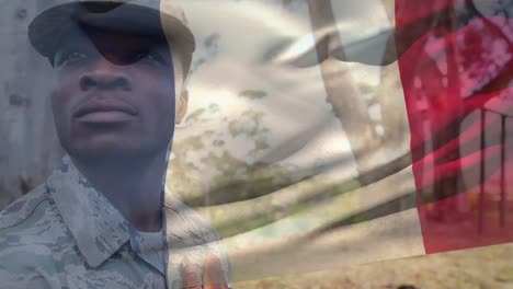 Animation-Der-Flagge-Frankreichs-über-Einem-Afroamerikanischen-Männlichen-Soldaten