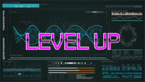 Animation-of-level-up-text-over-digital-interface