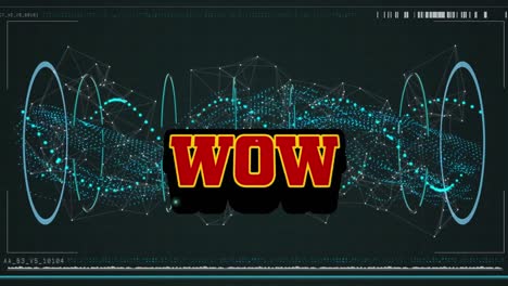 Animation-Von-Wow-Text-über-Grünem,-Sich-Drehendem-DNA-Strang