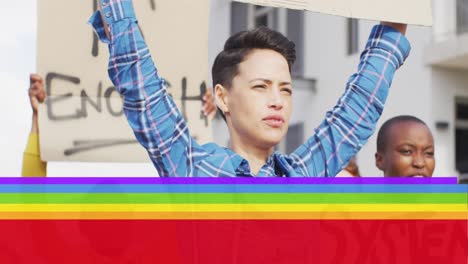 Animation-of-rainbow-flag-over-caucasian-female-protester