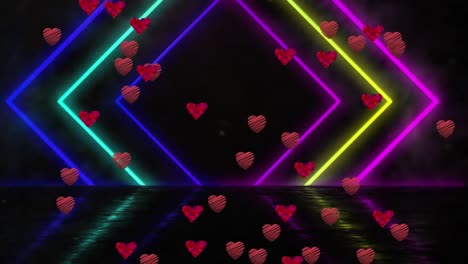 Animation-of-neon-squares-and-floating-hearts-on-black-background