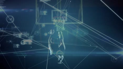 Animation-of-data-processing-and-networks-of-connections-over-mixed-race-male-basketball-player